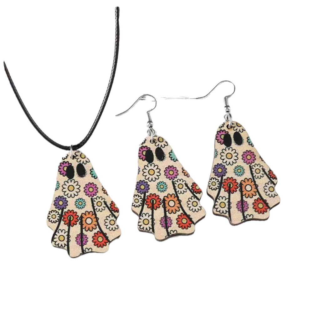 Retro Look Colorful Floral Ghost Wooden Matching Earrings and Necklace Set